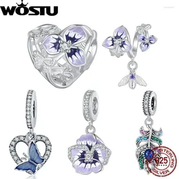 Loose Gemstones WOSTU 925 Sterling Silver Pansy Flower Charm With Purple Zircon Drop Flying Bee Pendants Fit Original Bracelet Bangle