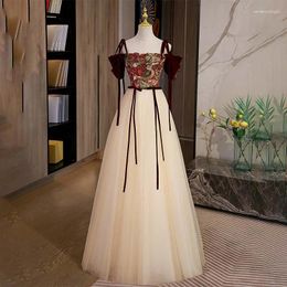 Party Dresses Evening Dress Boat Neck Pleat Floor-Length Embroidery Short Sleeves Lace Up A-Line Elegant Tulle Formal Gown Woman B2053