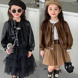 Jackets Girls Jacket Coat Front Pleated Personalized Pu Leather Autumn Winter Fashion Casual Cardigan Top Children's Clothing