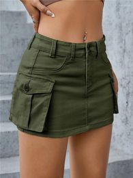 Skirts Grunge Punk Flap Pocket Mini Denim Skirt Women Summer Sexy Y2K Clothes High Street Vintage Plain Pencil Cargo Streetwear