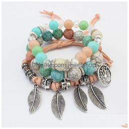 Charm Bracelets Tree Life Bracelets Leaf Pendant Charms Jewlery For Girl Bohemian Glass Beads Bracelet Women Vintage Mtilayer Leather Dhivr