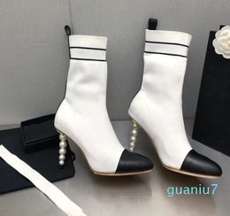 Leather Stretch Boots Pearl Super High Heels Runway Outfit Combat Booties Zapatillas Waterproof