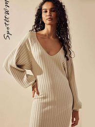 Women Solid Knitted Woolen Midi Dress Sexy V neck Long Sleeve High Waist Slim Dresses Autumn Fashion Female Street Vestidos