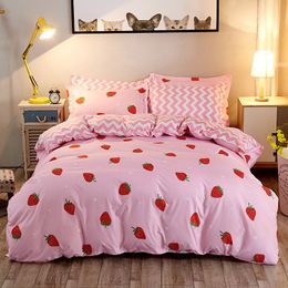 Bedding sets Strawberry Pink Plaid Double Sided Comforter Set King Queen Full Single Size Bed Linen Duvet Cover Sheet Pillowcase 230422