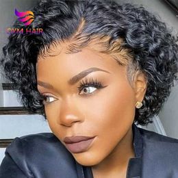 Hair Wigs Oym Hair 13x4 Pixie Cut Wigs Lace Frontal Human Hair for Women Pre Plucked Short Curly 180% Density Black 231122