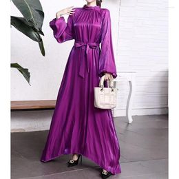 Ethnic Clothing YZZ Muslim Woman Dress Middle East Dubai Abaya Lantern Sleeve Bright Silk Turkey Dresses 2023 Luxury Evening