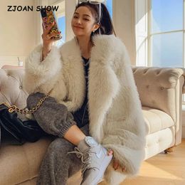 Women's Fur Faux Fur HIGH QUALITY Winter Large Lapel Fur Coat Long sleeve Loose Warm Shaggy Faux Fur Jacket Loose Coat White Khaki 231122