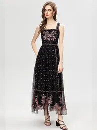 Casual Dresses Luxury Female High Quality Summer Fashion Mesh Black Embroidered Sexy Party Pretty Gorgeous Camisole Strap Long Dress