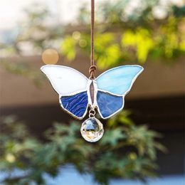 Garden Decorations H D Stained Glass Butterfly Suncatcher With 20mm Crystal Ball Rainbow Window Wall Art Hanging Pendant Souvenir Collections Gift 230422