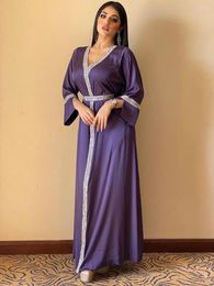 Casual Dresses Satin Maxi Dress For Women Turkey Arabic Diamond V Neck Long Sleeve Jalabiya Muslim Islamic Ethnic Abaya Party Fall