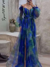 Women Sexy Tie dye Print Dress Elegant Off Shoulder V neck Long Sleeve Split Robes Chic Lady Evening Party Vestidos