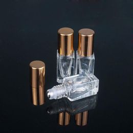 3ML Essential Oil Perfume Bottles Square Clear Glass Roll On Bottle with Gold/Silver Cap Stainless Steel Roller Kmabs
