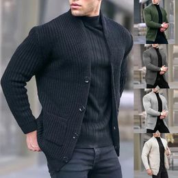 Suéter masculino casual de tricô, cardigã de outono e inverno, casaco sólido de manga comprida, jaqueta masculina estilo diário, bolso, moda urbana 231122