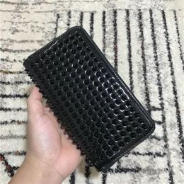 Long Style Panelled Spiked Clutch bags Women's Patent Leather Mixed Colour Rivets Party Clutches Lady Long Purses with Spikes 353J