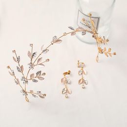 Necklace Earrings Set & Romantic Gold Flower Leaf Tiaras For Women Lady Rhinestone Pearl Handmade Crown Bridal Wedding Hair