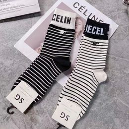 Autumn Winter Designer CELI Tube Socks For Men Women Striped Embroidered Casual Breathable Cotton Sock Black White Unisex