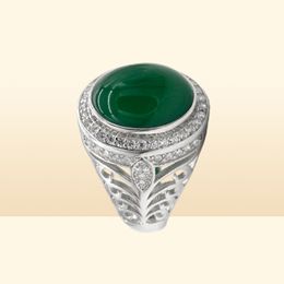 Men Ring with Natural Green Agate Stone 925 Sterling Silver Vintage Hollow Design Turkish Elegant Jewellery Gifr for Male Women4955747