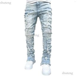 Men's Jeans Regular Fit Stacked Patch Distressed Destroyed Straight Denim Pants Streetwear Clothes Casual Jean 75