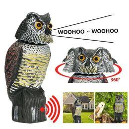 Garden Decorations Realistic 360 Degree Rotating Bird Repellent Fake Owl Decoy Scare Sound And Shadow Control Yard Decor 230422