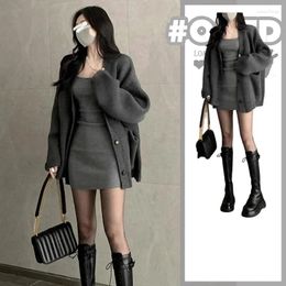 Women's Knits 2 Pieces Sets Women Suits Autumn Dark Grey Loose Cardigans Knitted Slim Mini Dress Robe Clothes