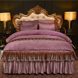 Bedding sets High Quality Luxury Thicken Velvet 4pcs Bedding Set Coral Fleece Bed Skirt Duvet Cover Pillowcase Plush Bed Set Queen Size 231122