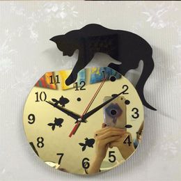 New Design Quartz Watch Cat Wall Clock Acrylic Mirror Pared Horloge Needle DIY Clocks Living Room Decor Modern Watches 3D Stickers289u