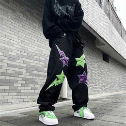 Men's Pants New Fashion Jeans Women/Men Trend Tide Hip Hop Street Lightning Five-pointed Star Patch Loose Casual Wide-leg Hiphop G230422