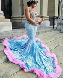 Pink Tulle Ruched Train Blue Sequin Mermiad Prom Dresses Crystal Sparkly Dress Evening Dresses Long Luxury 2024 Party Gown