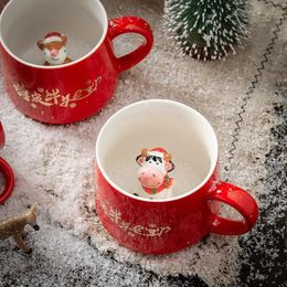 Mugs 3D Animal Christmas Favors Ceramic Mug Cute Cow Unique Hand Painted Novelty Personalised Coffee Tea Milk Mug 400ml 231121