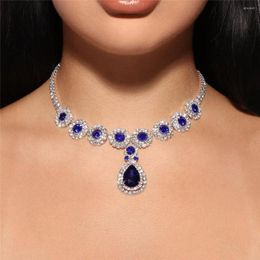 Pendant Necklaces Simple Fashion Blue Gem Droplet Necklace Women's Elegant Shiny Crystal Collar Chain Jewelry