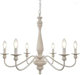 Chandeliers Cunfash Antique White Farmhouse Chandelier 6-Light 28'' French Country For Dining Room Light Fixture Rustic Wood