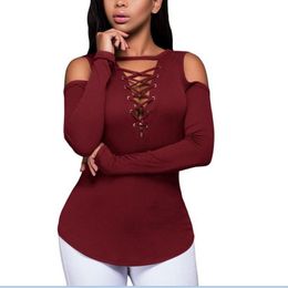 Women's T Shirts Women Sexy Hollow Out Bandage Tops Clod Shoulder Slim Fit Casual Deep V Neck Shirt Solid Fashion Long Sleeve Female Clothes