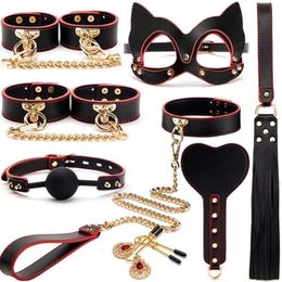 Bondage High quality BDSM Genuine Leather Bondage Set Fetish Handcuffs Collar Gag Whip Erotic Sex Toys For Women Couples Adult Games 231121