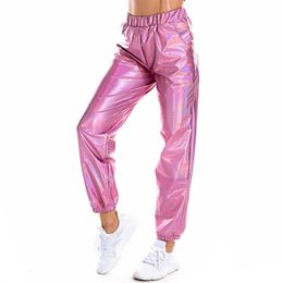 Women's Pants Capris Shiny Holographic Women Pants Loose High Waist Metallic Trousers Dance Performance Hip Hop Pants Streetwear Joggers 230422