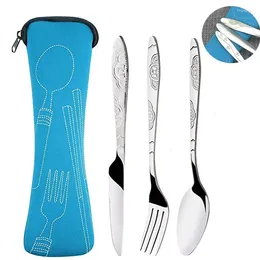 Dinnerware Sets Travel Portable Stainless Steel Spoon Fork Steak Knife Set Picnic Cutlery OutdoorTableware With Bag