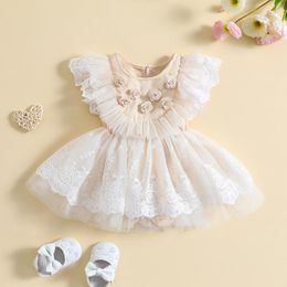 Girl Dresses Princess Baby Girls Romper Lovely Sleeve Flower Lace Jumpsuits Born Tulle Mesh A-line Playsuits Dress 2pcs Clothes