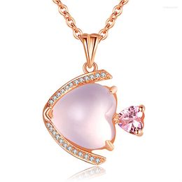 Pendant Necklaces Cute Little Fish Necklace CZ Crystal Pink Opal Chokers Rose Gold Colour For Women Girls Ross Quartz Gift