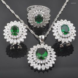 Necklace Earrings Set 2023 Green Zircon Women's Wedding Silver Colour Earring And Sets Pendant Rings QZ0449