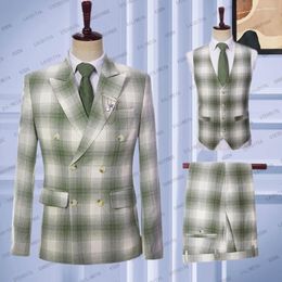 Men's Suits 2023 Green Plaid Linen Men's Three Piece Set Coat Pants Vest Wedding Business Suit Luxury Slim Fit Fashion Casual