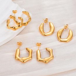Hoop Earrings Irregular U-shaped Shape Stainless Steel Minimalist Golden Texture Trendy Waterproof For Women Girls Jewelry Gift