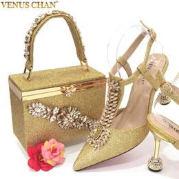 Dress Shoes Chan Sandals for Party and Weddings High Heels Pointed Toe Rhinestone Gold Colour Matching Shoes and Bags Sets for Women 231121