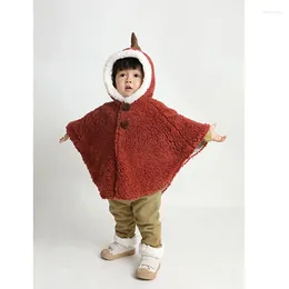 Jackets Cloak Autumn Winter Velvet Thick Cartoon Baby Cape Children Clothing 2023 Lovely Plush Hooded Button Soild