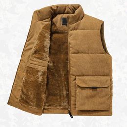 Men's Vests Plus Lining Vest Men Cosy Winter Plush Waistcoat With Stand Collar Zipper Closure Pockets For Warmth Style