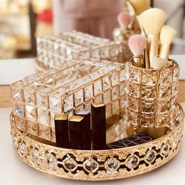 Bathroom Storage & Organization Crystal Glass Cosmetic Box Brass Carved Tray Dressing Table Desktop Makeup Organizer Decoration Shelf