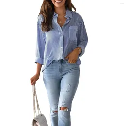Women's Blouses 2023 Autumn Top Loose Casual Long-sleeved Stripes Shirt With Pocket Women