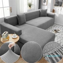 Chair Covers Polar Fleece Fabric Gray Sofa Cover For Living Room Solid Color All-inclusive Modern Elastic Corner Couch Slipcover 2203m