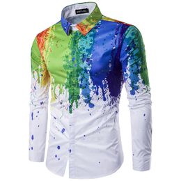 QNPQYX New Wave Print Luxury Cotton Shirts Men's Designer Slim Long-Sleeved Chemise Homme Casual White Blue Ink Fancy T Shirts Men