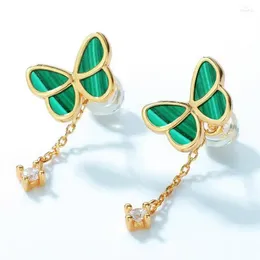 Dangle Earrings Natural Malachite Earring S925 Sterling Silver 10k Gold Plated Crystals Butterfly Zircon Tassel Women