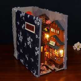 Doll House Accessories DIY Wooden Japanese Store Book Nook Shelf Insert Kits Miniature Dollhouse with Furniture Cherry Blossoms Bookends Toys Gifts 230422