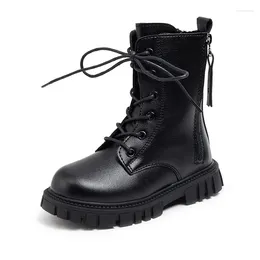 Boots Fashion Zippers Tassel Girls Winter Warm Plush Shoes Kids Black Pu Leather Lace Up Ankle Booties With Anti-Slip Sole